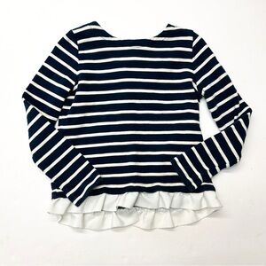 Crewcuts Navy Blue and White Ruffle Hem Striped Top Shirt